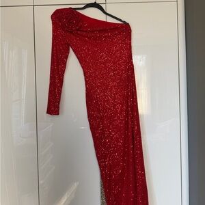 Red Sequin One-Shoulder Dress